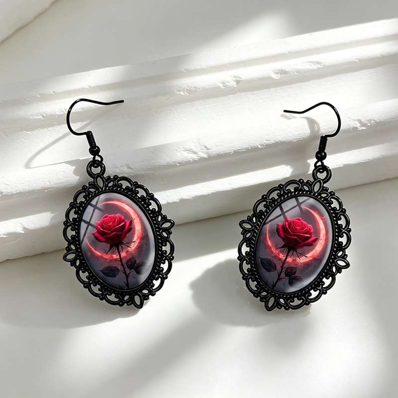 Women's Gothic Blood Moon Glass Cabochon Dangle Earrings